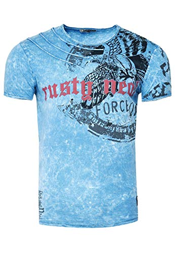 T-Shirt Herren Kurzarm Rundhals Tshirt für Männer S M L XL XXL 3XL Printed Regular Fit Verwaschen 228, Größe S-6XL:2XL, Farbe:Blau von Rusty Neal