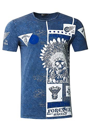 T-Shirt Herren Kurzarm Verwaschen Oil Washed Skull All Over Front & Back Print S - 3XL 268, Farbe:Marine, Größe S-3XL:L von Rusty Neal