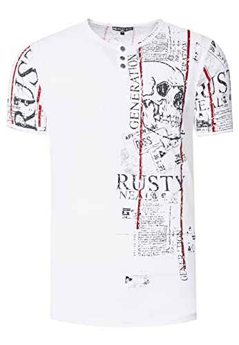 Rusty Neal T-Shirt Herren S - 3XL Kurzarm Rundhals Henley-Knopfleiste Seitliche Front Prints Tshirt Verwaschen 294, Farbe:Weiß, Größe S-3XL:L von Rusty Neal