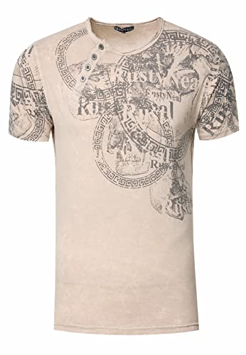Rusty Neal T-Shirt Herren S M L XL XXL 3XL Regular-Fit Rundhals Shirt mit Asymmetrisch -Knopfleiste Front & Back Print Skull Used-Look 291, Farbe:Beige, Größe S-3XL:XL von Rusty Neal
