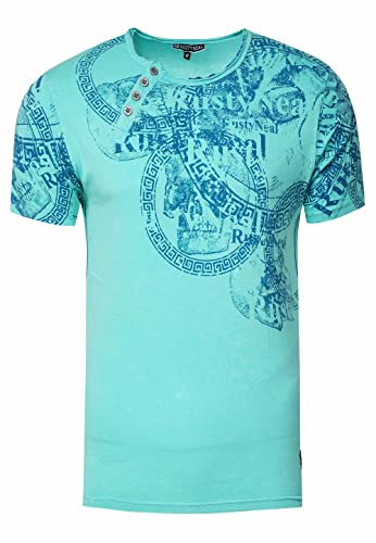 T-Shirt Herren S M L XL XXL 3XL Regular-Fit Rundhals Shirt mit Asymmetrisch -Knopfleiste Front & Back Print Skull Used-Look 291, Farbe:Grün, Größe S-3XL:L von Rusty Neal