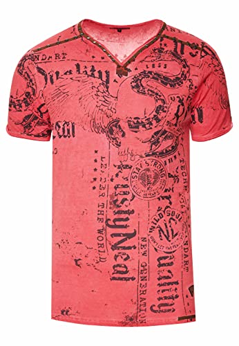 Rusty Neal T-Shirt Herren S M L XL XXL 3XL Wildlederband mit Zier-Nieten V-Neck Verwaschen Used-Look Regular Fit Skull X Wings X Snake Print 297, Farbe:Rot, Größe S-3XL:3XL von Rusty Neal