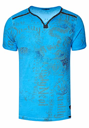 Rusty Neal T-Shirt Herren S M L XL XXL 3XL Wildlederband mit Zier-Nieten V-Neck Verwaschen Used-Look Regular Fit Skull X Wings X Snake Print 297, Farbe:Sax, Größe S-3XL:XL von Rusty Neal