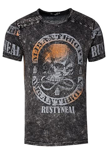 T-Shirt Herren Schwarz Blau Rot Camel Verwaschen Regular Fit S M L XL 2XL 3XL mit Asymmetrisch Knopfleiste All Over Skull Print Street-Wear Shirt 292, Farbe:Anthrazit, Größe S-3XL:M von Rusty Neal