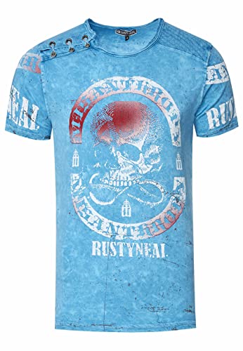 T-Shirt Herren Schwarz Blau Rot Camel Verwaschen Regular Fit S M L XL 2XL 3XL mit Asymmetrisch Knopfleiste All Over Skull Print Street-Wear Shirt 292, Farbe:Blau, Größe S-3XL:XL von Rusty Neal