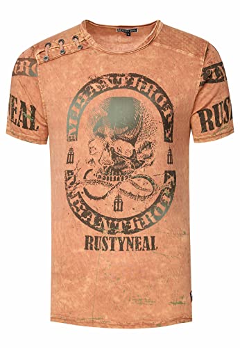 T-Shirt Herren Schwarz Blau Rot Camel Verwaschen Regular Fit S M L XL 2XL 3XL mit Asymmetrisch Knopfleiste All Over Skull Print Street-Wear Shirt 292, Farbe:Camel, Größe S-3XL:XL von Rusty Neal