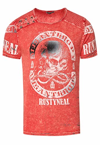 T-Shirt Herren Schwarz Blau Rot Camel Verwaschen Regular Fit S M L XL 2XL 3XL mit Asymmetrisch Knopfleiste All Over Skull Print Street-Wear Shirt 292, Farbe:Koralle, Größe S-3XL:L von Rusty Neal