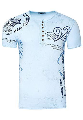 T-Shirt Herren Schwarz S - 3XL Kurzarm Rundhals Knopfleiste Seitliche Front Prints Tshirt Verwaschen 241, Farbe:Blau, Größe S-3XL:3XL von Rusty Neal