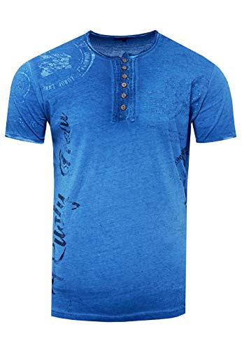 T-Shirt Herren Schwarz S - 3XL Kurzarm Rundhals Knopfleiste Seitliche Front Prints Tshirt Verwaschen 241, Farbe:Blau, Größe S-3XL:S von Rusty Neal