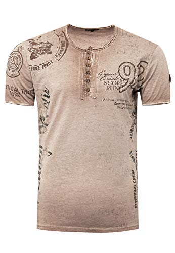 T-Shirt Herren Schwarz S - 3XL Kurzarm Rundhals Knopfleiste Seitliche Front Prints Tshirt Verwaschen 241, Farbe:Camel, Größe S-3XL:3XL von Rusty Neal