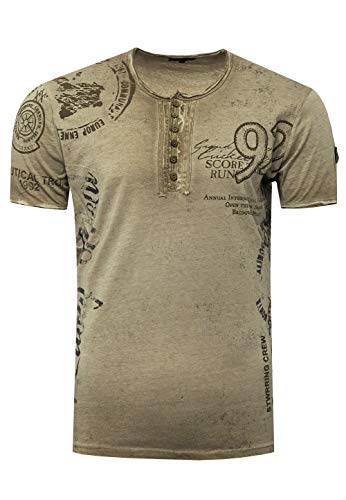 T-Shirt Herren Schwarz S - 3XL Kurzarm Rundhals Knopfleiste Seitliche Front Prints Tshirt Verwaschen 241, Farbe:Khaki, Größe S-3XL:3XL von Rusty Neal