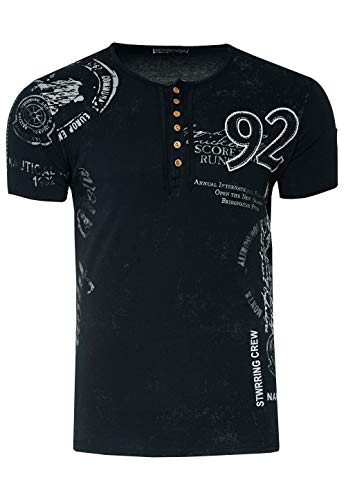 T-Shirt Herren Schwarz S - 3XL Kurzarm Rundhals Knopfleiste Seitliche Front Prints Tshirt Verwaschen 241, Farbe:Schwarz, Größe S-3XL:3XL von Rusty Neal