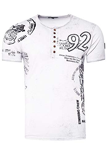 T-Shirt Herren Schwarz S - 3XL Kurzarm Rundhals Knopfleiste Seitliche Front Prints Tshirt Verwaschen 241, Farbe:Weiß, Größe S-3XL:3XL von Rusty Neal