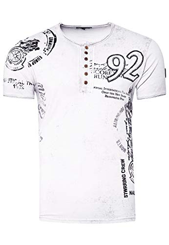 T-Shirt Herren Schwarz S - 3XL Kurzarm Rundhals Knopfleiste Seitliche Front Prints Tshirt Verwaschen 241, Farbe:Weiß, Größe S-3XL:M von Rusty Neal