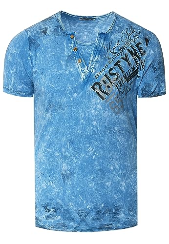 T-Shirt Herren Verwaschen Used Look Seitlicher Logo Print Rundhals mit Knopfleiste V-Neck Optik 240, Farbe:Blau, Größe:M von Rusty Neal