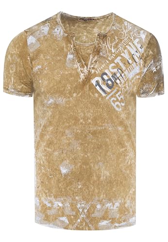 T-Shirt Herren Verwaschen Used Look Seitlicher Logo Print Rundhals mit Knopfleiste V-Neck Optik 240, Farbe:Camel, Größe:4XL von Rusty Neal