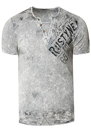 T-Shirt Herren Verwaschen Used Look Seitlicher Logo Print Rundhals mit Knopfleiste V-Neck Optik 240, Farbe:Grau, Größe S-3XL:L von Rusty Neal