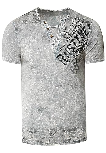 T-Shirt Herren Verwaschen Used Look Seitlicher Logo Print Rundhals mit Knopfleiste V-Neck Optik 240, Farbe:Grau, Größe:4XL von Rusty Neal