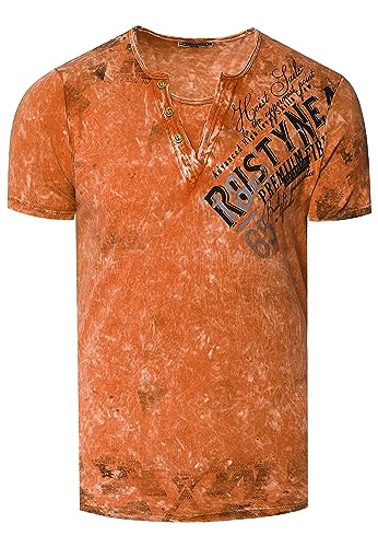 T-Shirt Herren Verwaschen Used Look Seitlicher Logo Print Rundhals mit Knopfleiste V-Neck Optik 240, Farbe:Orange, Größe:4XL von Rusty Neal