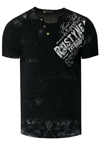 T-Shirt Herren Verwaschen Used Look Seitlicher Logo Print Rundhals mit Knopfleiste V-Neck Optik 240, Farbe:Schwarz, Größe S-3XL:3XL von Rusty Neal