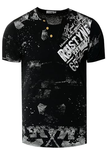 T-Shirt Herren Verwaschen Used Look Seitlicher Logo Print Rundhals mit Knopfleiste V-Neck Optik 240, Farbe:Schwarz, Größe:M von Rusty Neal