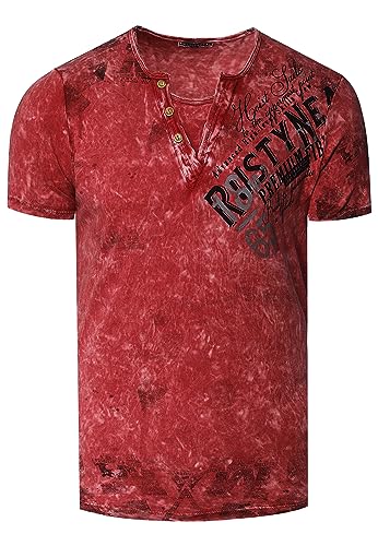 T-Shirt Herren Verwaschen Used Look Seitlicher Logo Print Rundhals mit Knopfleiste V-Neck Optik 240, Farbe:Weinrot, Größe S-3XL:4XL von Rusty Neal