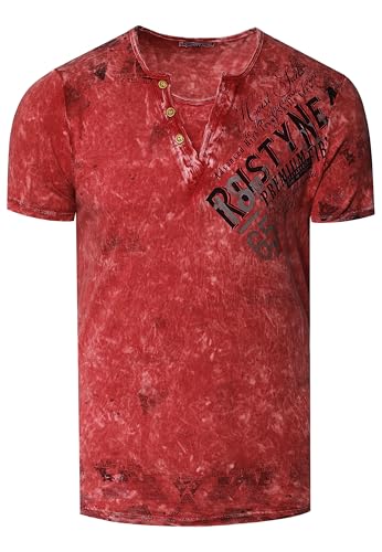 T-Shirt Herren Verwaschen Used Look Seitlicher Logo Print Rundhals mit Knopfleiste V-Neck Optik 240, Farbe:Weinrot, Größe:L von Rusty Neal