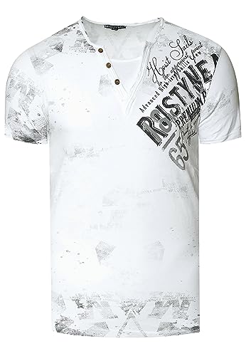 T-Shirt Herren Verwaschen Used Look Seitlicher Logo Print Rundhals mit Knopfleiste V-Neck Optik 240, Farbe:Weiß, Größe S-3XL:3XL von Rusty Neal