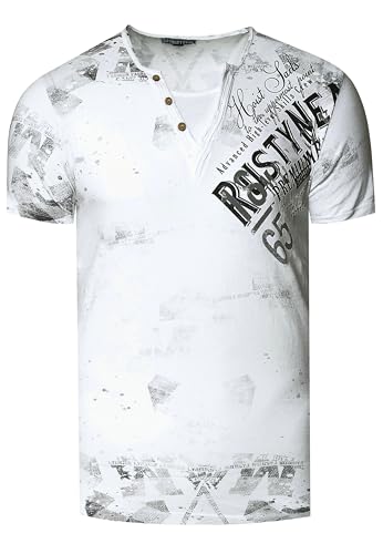 T-Shirt Herren Verwaschen Used Look Seitlicher Logo Print Rundhals mit Knopfleiste V-Neck Optik 240, Farbe:Weiß, Größe:5XL von Rusty Neal