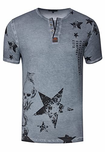 T-Shirt Herren Vintage-Washed Rundhals-Henley-Shirt Printed Casual-Fit Knopfleiste Verwaschen Streetwear Kurzarm-T-Shirt 290, Farbe:Anthrazit, Größe S-3XL:XL von Rusty Neal