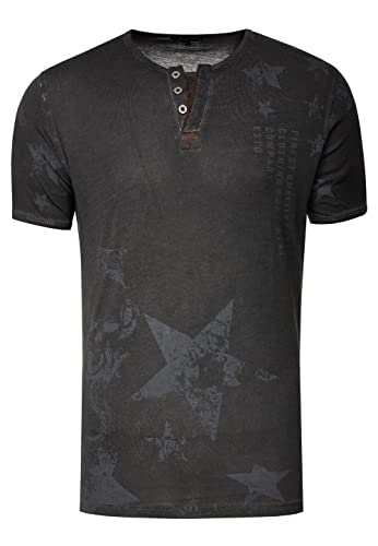 T-Shirt Herren Vintage-Washed Rundhals-Henley-Shirt Printed Casual-Fit Knopfleiste Verwaschen Streetwear Kurzarm-T-Shirt 290, Farbe:Schwarz, Größe S-3XL:M von Rusty Neal