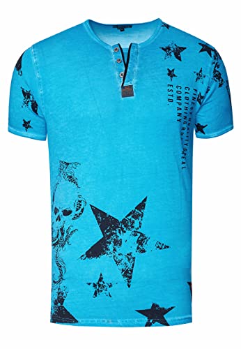 T-Shirt Herren Vintage-Washed Rundhals-Henley-Shirt Printed Casual-Fit Knopfleiste Verwaschen Streetwear Kurzarm-T-Shirt 290, Farbe:Türkis, Größe S-3XL:L von Rusty Neal