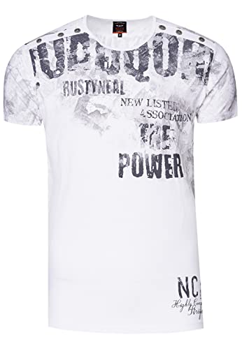 T-Shirt Rundhals Doppelte Knopfleiste mit Großem Front-Print Verwaschen in Used-Look 273, Farbe:Weiß, Größe S-3XL:XXL von Rusty Neal