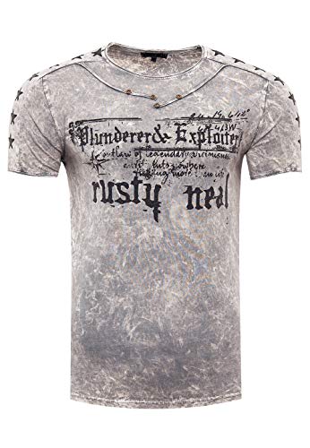 T-Shirt Verwaschen Rundhals mit Individuellem Design Perfektioniert im Detail Kurzarm mit Plakativem Front Print 192, Farbe:Anthrazit, Größe S-3XL:3XL von Rusty Neal