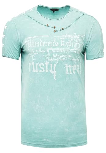 T-Shirt Verwaschen Rundhals mit Individuellem Design Perfektioniert im Detail Kurzarm mit Plakativem Front Print 192, Farbe:Mint, Größe:L von Rusty Neal