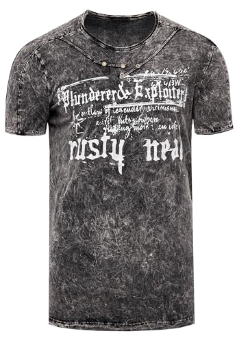 T-Shirt Verwaschen Rundhals mit Individuellem Design Perfektioniert im Detail Kurzarm mit Plakativem Front Print 192, Farbe:Schwarz, Größe:L von Rusty Neal
