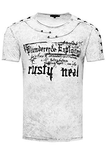 T-Shirt Verwaschen Rundhals mit Individuellem Design Perfektioniert im Detail Kurzarm mit Plakativem Front Print 192, Farbe:Weiß, Größe S-3XL:3XL von Rusty Neal