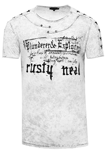 T-Shirt Verwaschen Rundhals mit Individuellem Design Perfektioniert im Detail Kurzarm mit Plakativem Front Print 192, Farbe:Weiß, Größe:XL von Rusty Neal