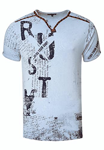 V-Neck Herren T-Shirt Vinatage Used-Look mit Plakativem Front und Back Print Kurzarm-Shirt Wildleder-Details mit Nieten-Verlauf 289, Farbe:Blau, Größe S-3XL:M von Rusty Neal