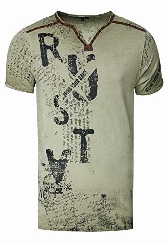 V-Neck Herren T-Shirt Vinatage Used-Look mit Plakativem Front und Back Print Kurzarm-Shirt Wildleder-Details mit Nieten-Verlauf 289, Farbe:Khaki, Größe S-3XL:3XL von Rusty Neal