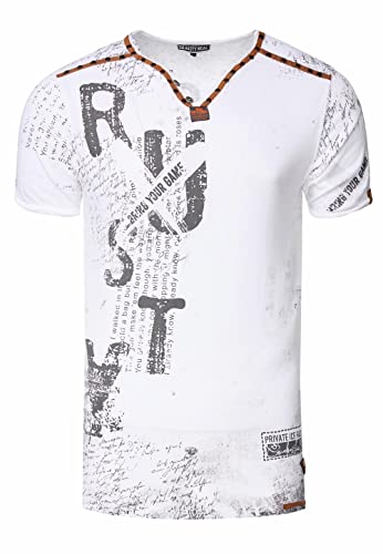 V-Neck Herren T-Shirt Vinatage Used-Look mit Plakativem Front und Back Print Kurzarm-Shirt Wildleder-Details mit Nieten-Verlauf 289, Farbe:Weiß, Größe S-3XL:3XL von Rusty Neal