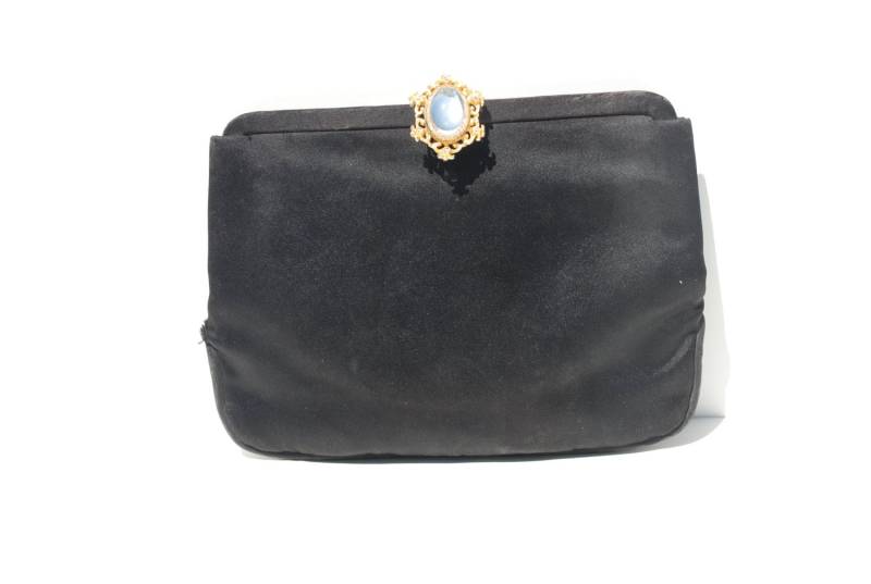 Vintage 50Er Jahre Schwarze Satin & Edelstein Verschluss Clutch Handtasche von RustyRoostersRags