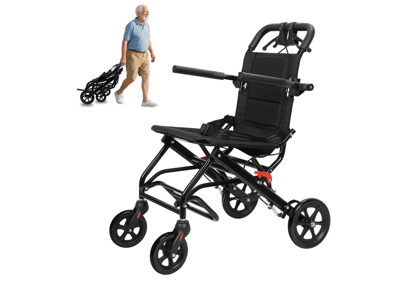 Rutaqian Rollstuhl Manueller Rollstuhl, faltbarer Transportrollstuhl bis zu 100 kg, Transportstuhl für Erwachsene und Senioren mit Zugstange von Rutaqian