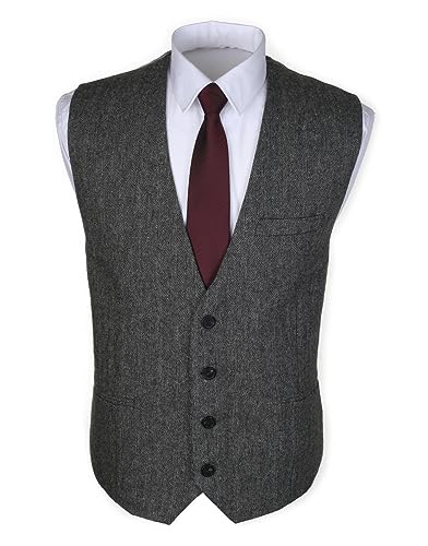 Ruth&Boaz 3Pockets 4Buttons Wool Herringbone/Tweed Tailored Collar Suit Waistcoat (M, Herringbone Black) von Ruth&Boaz