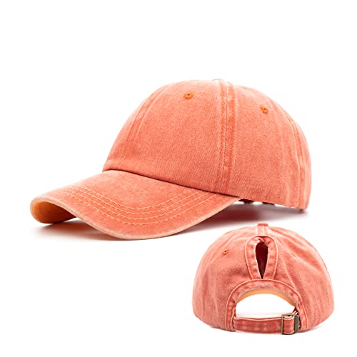 Ruyosn Basecap Damen Cap Zopf Kappe Vintage Atmungsaktiv Verstellbar Cappy für Pferdeschwanz Hip hop Cap Baumwolle Mädchen Baseball Kappe Sommer Orange von Ruyosn
