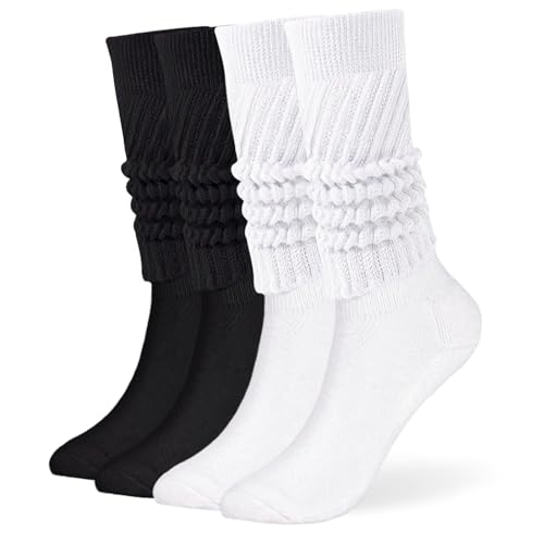 Ruzister® 2 Paar Slouch-Socken für Damen, weiche, extra lange, klobige Scrunch-Kniestrümpfe, gestrickte Slouchy-Socken für Damen im Herbst und Winter Schwarz/weiß von Ruzister