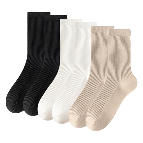 Ruzister® 3 Paare Crew-Socken für Damen, gestrickte, gerippte Baumwollsocken, sportliche Laufsocken ästhetische Sportsocken für Freizeitkleidung, gutes Geschenk von Ruzister