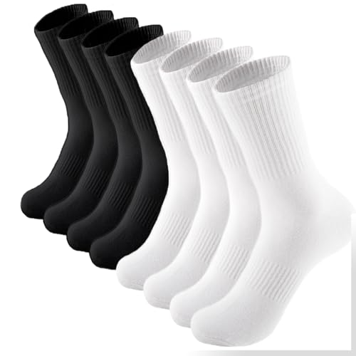 Ruzister® 4 Paar Damen-Crew-Socken aus dünner Baumwolle, Lange Socken, zur Unterstützung des Fußgewölbes, lässige Workout-Hohe Socken, weiß und schwarz von Ruzister