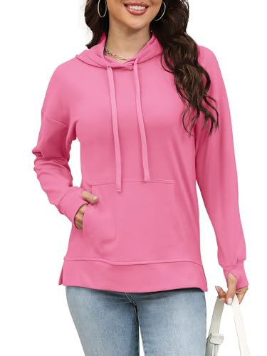 Rvinroo Damen Hoodies Plus Size Sweatshirts Langarm Winter Kapuzenpullover Lässig Kängurutasche Strickwaren Rosa XL von Rvinroo