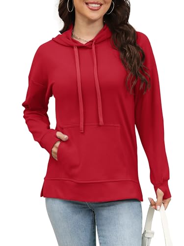 Rvinroo Damen Hoodies Plus Size Sweatshirts Langarm Winter Kapuzenpullover Lässig Kängurutasche Strickwaren Rot XL von Rvinroo